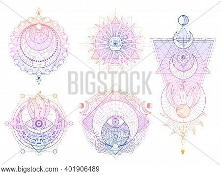 Vector Set Of Sacred Geometry Symbols With Moon, Sun, Eye And Arrows On White Background. Abstract M