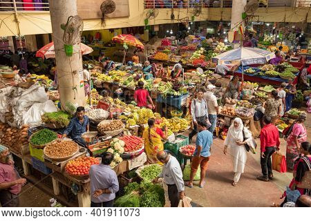 Panaji, India - January 16, 2020: Food market in Panaji, Goa, India. Colorful indian food market with fruits and vegetables