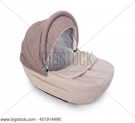 Beige carrycot stroller isolated over white background