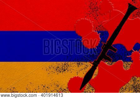Armenia Flag And Black Rpg-7 Rocket-propelled Grenade Launcher In Red Blood. Concept For Terror Atta