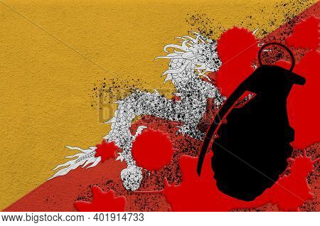 Bhutan Flag And Mk2 Frag Grenade In Red Blood. Concept For Terror Attack Or Military Operations With