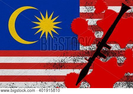 Malaysia Flag And Black Rpg-7 Rocket-propelled Grenade Launcher In Red Blood. Concept For Terror Att