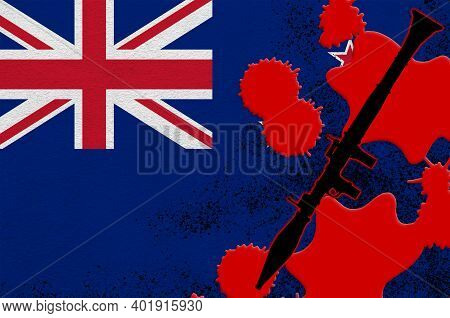 New Zealand Flag And Black Rpg-7 Rocket-propelled Grenade Launcher In Red Blood. Concept For Terror 