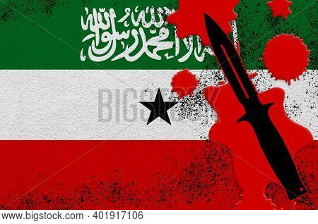 Somaliland Flag And Black Tactical Knife In Red Blood. Concept For Terror Attack Or Military Operati