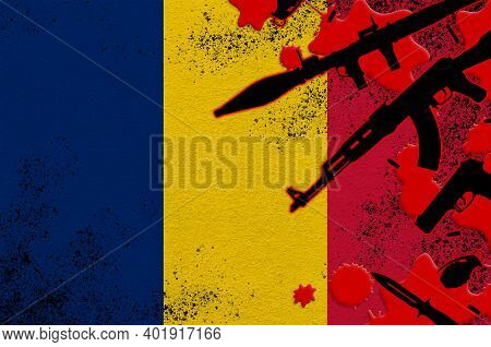 Chad Flag And Various Weapons In Red Blood. Concept For Terror Attack Or Military Operations With Le