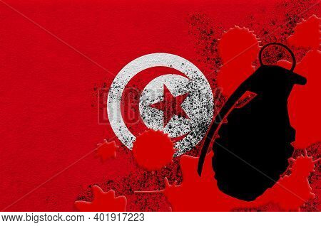 Tunisia Flag And Mk2 Frag Grenade In Red Blood. Concept For Terror Attack Or Military Operations Wit