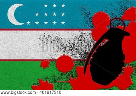 Uzbekistan Flag And Mk2 Frag Grenade In Red Blood. Concept For Terror Attack Or Military Operations 