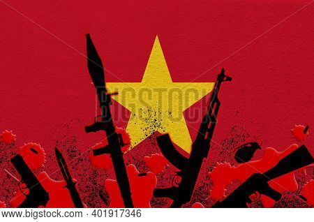 Vietnam Flag And Various Weapons In Red Blood. Concept For Terror Attack Or Military Operations With