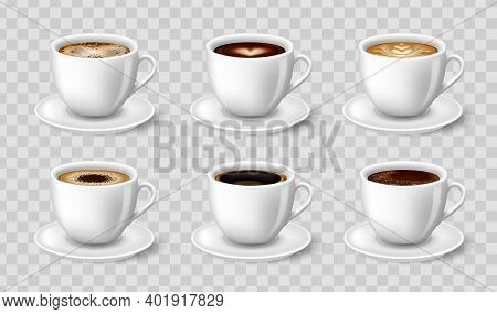 Black Coffee, Cappuccino, Latte, Espresso, Macchiatto, Mocha Side View. 3d Vector Illustration For M