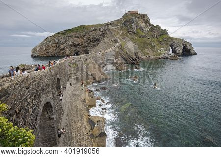 Bermeo, Spain - August 18, 2017: Views Of Gaztelugatxe, A Famous Islet On The Coast In The Municipal