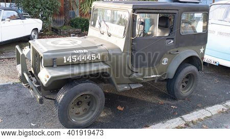 Bordeaux , Aquitaine  France - 12 28 2020 : Renault 4 R4 Dallas Replica Jeep Willys Like U.s. Army A