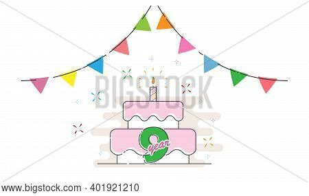 9 Years. Cake With A Candle And Colored Flags For Congratulations On A Birthday, Holiday, Wedding Or