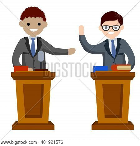 Presidential Election. Men Are Debating At Podium. Red Versus Blue. Characters In Costumes Talking. 
