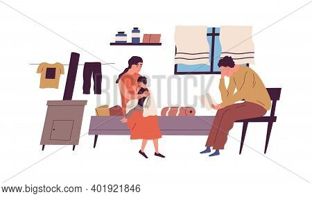 Poor Family Have No Money To Pay Bills Vector Flat Illustration. Miserable Jobless Father Holding Re