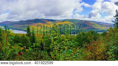 View Of La Pimbina Valley With Fall Foliage Colors In Mont Tremblant National Park, Quebec, Canada