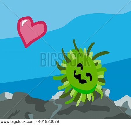 Illustration, Cartoon (marimo) Moss Ball In Sea And Heart.