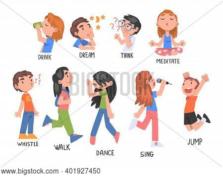 Verbs Expressing Actions Set, Children Education Concept, Cute Kids Doing Activities Cartoon Style V