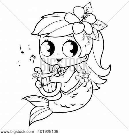 Cute Mermaid Playing Music With Her Lyre. Vector Black And White Coloring Page