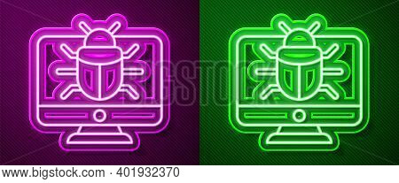 Glowing Neon Line System Bug On Monitor Icon Isolated On Purple And Green Background. Code Bug Conce