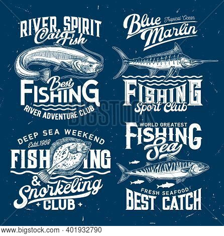 Fishing Club Icons, Sport T-shirt Print Templates, Fishes And Sea Water Waves, Vector Blue Mockups. 
