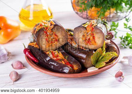 Traditional Azeri Pickled Eggplants Famous In Southern Azerbaijan On A Wooden Table