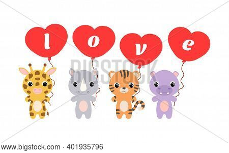 Group Of Cute Animals. Cartoon Giraffe, Rhino, Hippo, Tiger Stand And Hold Balloons In Their Hands. 