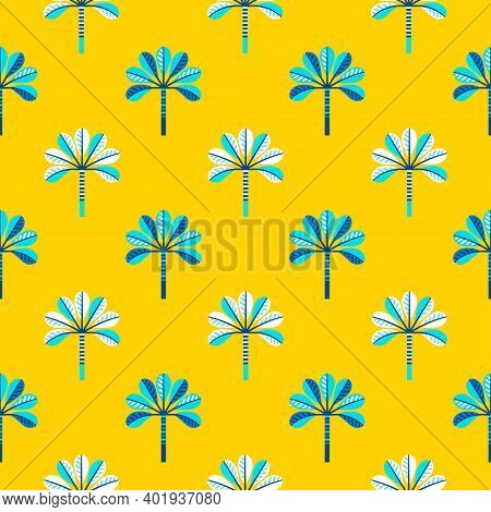 Bright Blue Palm Trees On Yellow Background Seamless Vector Pattern. Colorful African Desert Design.