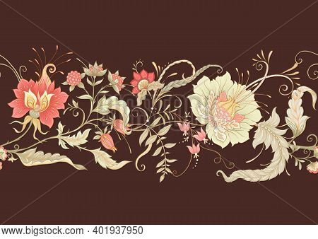Seamless Pattern With Stylized Ornamental Flowers In Retro, Vintage Style. Jacobin Embroidery. Color