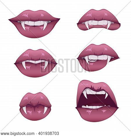 Vampire Mouth With Fangs Set. Female Closed And Open Red Lips With Long Pointed Canine Teeth And Blo