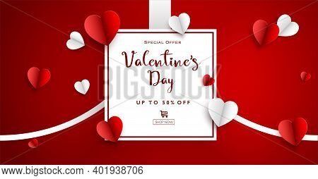 Paper Cut Art Of Hearts With White Frame. Sale Banner Or Greeting Card. Valentines Day Background Co