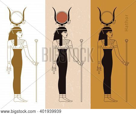 A Collection Of Vector Illustrations By The Ancient Egyptian Goddess Hathor From The Ankh. Vector Il