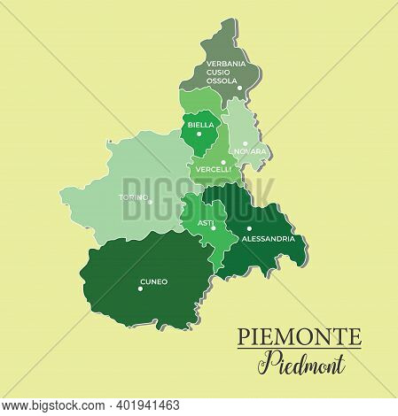 Piedmont Vector Map Divided Into Provinces	With Major Cities
