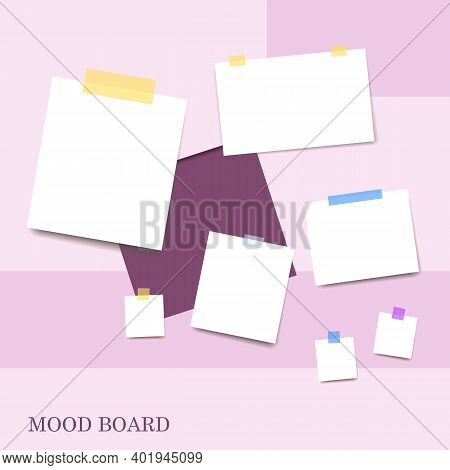 Sticky Notes Violet Shades Color Mood Board Template. Decorative Office Memos Pad, Pins, Sticky Note