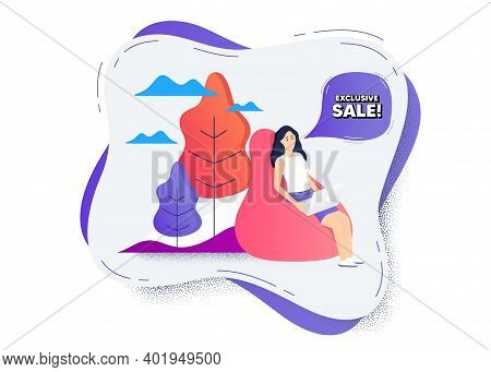 Exclusive Sale. Remote Online Work Icon. Woman Working At Laptop. Special Offer Price Sign. Advertis