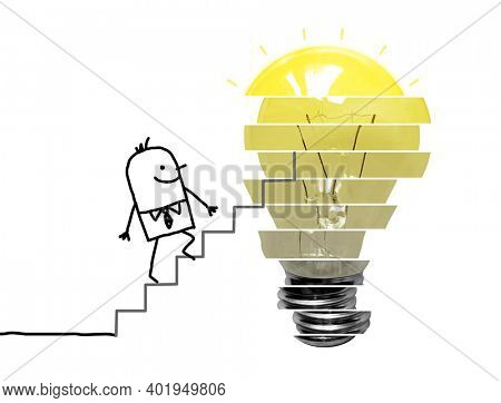 Hand drawn Cartoon Businessman Climbing up Levels to a Lightening Bulb - Collage