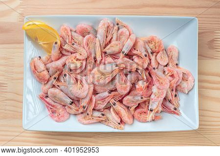 Boiled Shrimps With Lemon On A White Plate. Fresh Cooked Shrimp In White Plate With Lemon. Close Up 