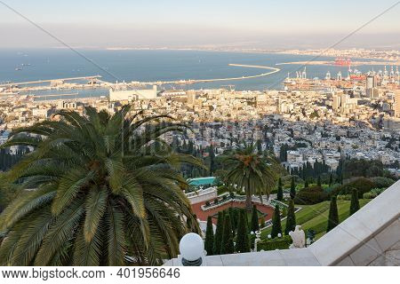 View From The Upper Terrace Of The Bahai Garden To A Part Of The Bahai Garden, The Downtown, The Sea