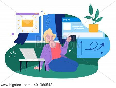 Blonde Woman Freelancer Sitting On The Floor At Living Room And Working On Laptop. Concept Of Remote