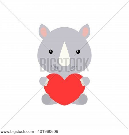 Cute Funny Rhino With Heart On White Background. Cartoon Animal Character For Congratulation With St