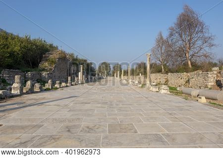 Road Of Glory In Ephesus Ancient City. This Way Is Leading To Amphitheater