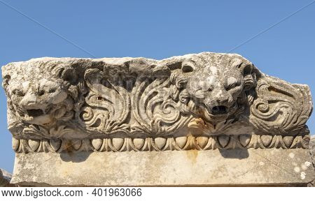 Demon Figures On A Sarcophagus In Ephesus Ancient City