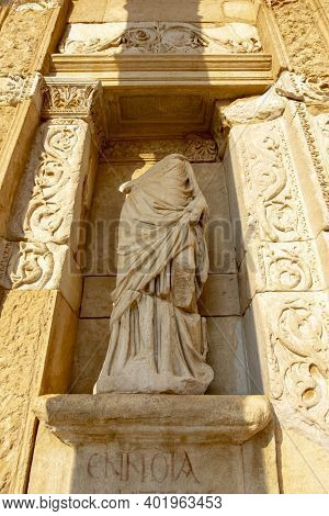 Headless Woman Figure On Wall In Ephesus Ancient City