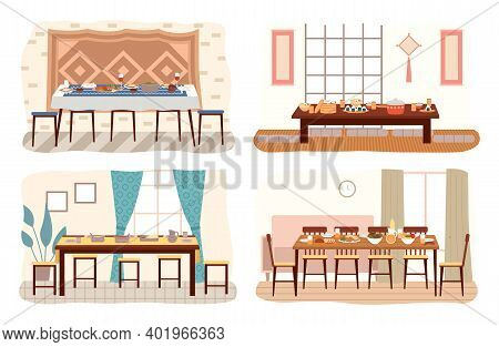Set Of Dining Room Design Flat Vector. Dining Table With Food And Chairs Nearby. Furniture Model For