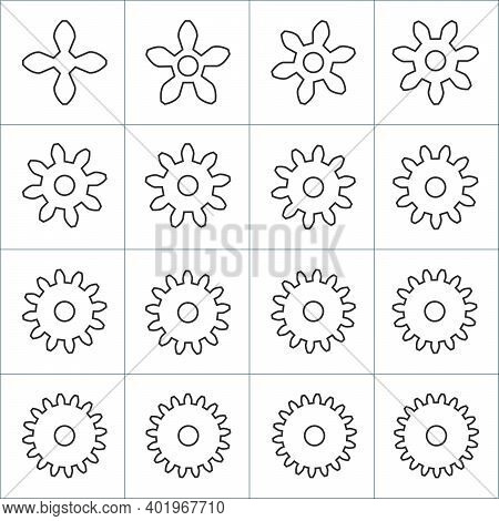 Machine Linear Gear Collection, Cogwheel Set With Number Of Teeth From Four To Nineteen. Stock Vecto