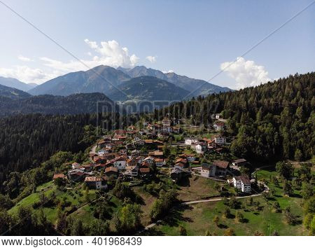 Panorama Of Swiss Alpine Mountain Village Town Trin Digg In Imboden Grisons Graubunden Switzerland E