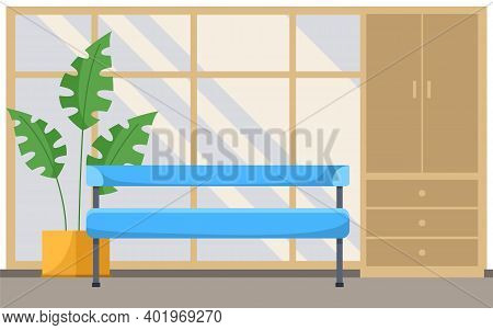 Office Reception Interior And Waiting Area With A Wardrobe, Sofa And Indoor Flower In A Pot. Flat St