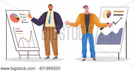 Presentation, Businesspeople Analysing Charts, Digrams, Graphics At Flipchart, Infographics, Busines