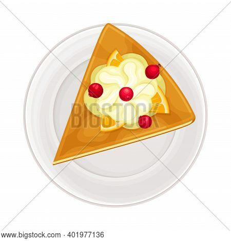 Piece Of Cake With Shortcrust And Whipped Cream As Sugary Dessert Rested On Plate Vector Illustratio