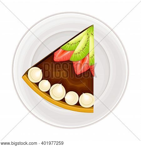 Piece Of Chocolate Cake With Shortcrust And Cream As Sugary Dessert Rested On Plate Vector Illustrat