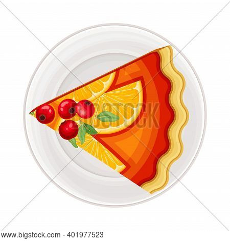Piece Of Cake With Shortcrust And Fruit As Sugary Dessert Rested On Plate Vector Illustration